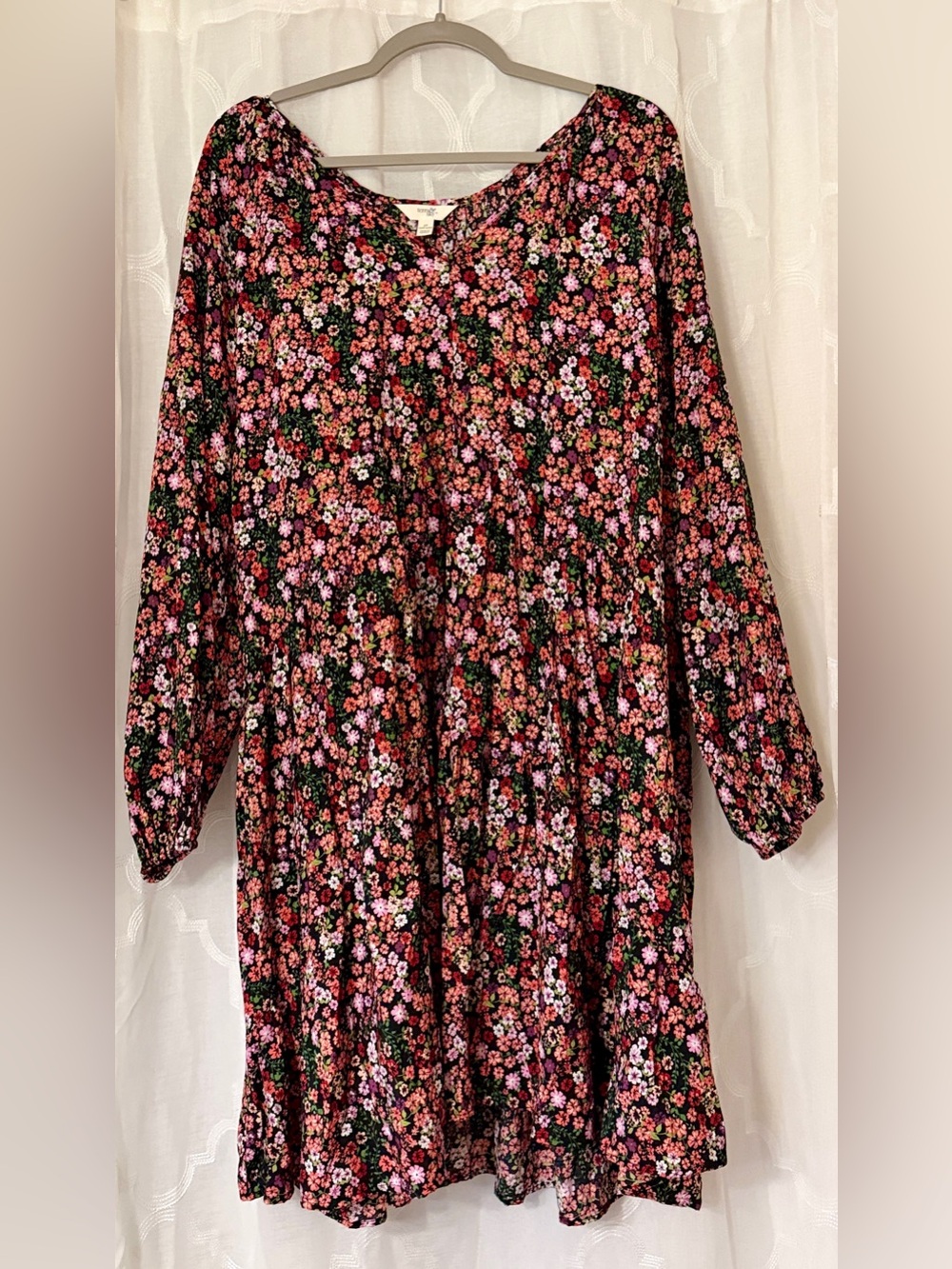 Terra & Sky Floral Babydoll Mini Dress 2X Black Pink Long Sleeve
